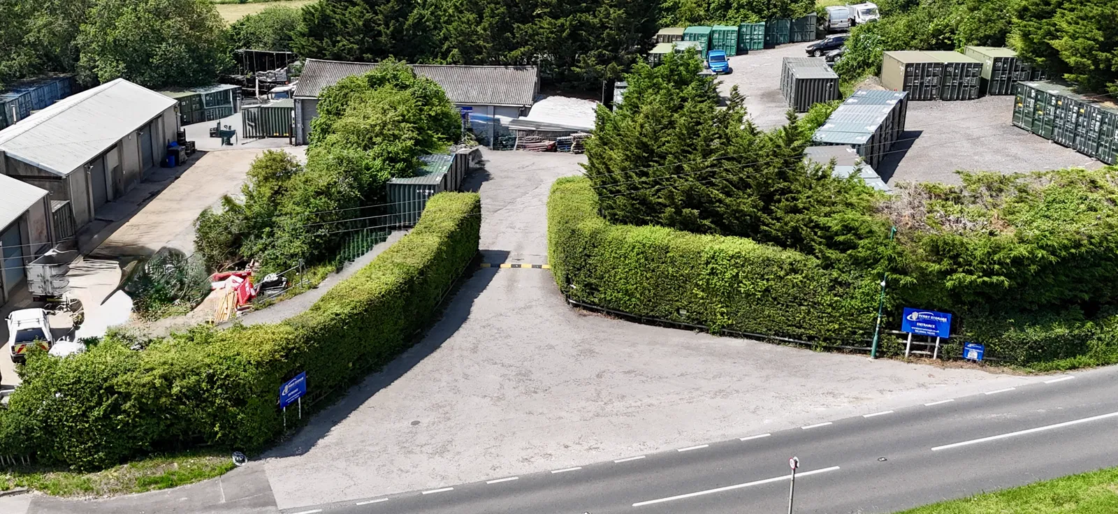 Aerial view over the rows of containers at Perry Storage