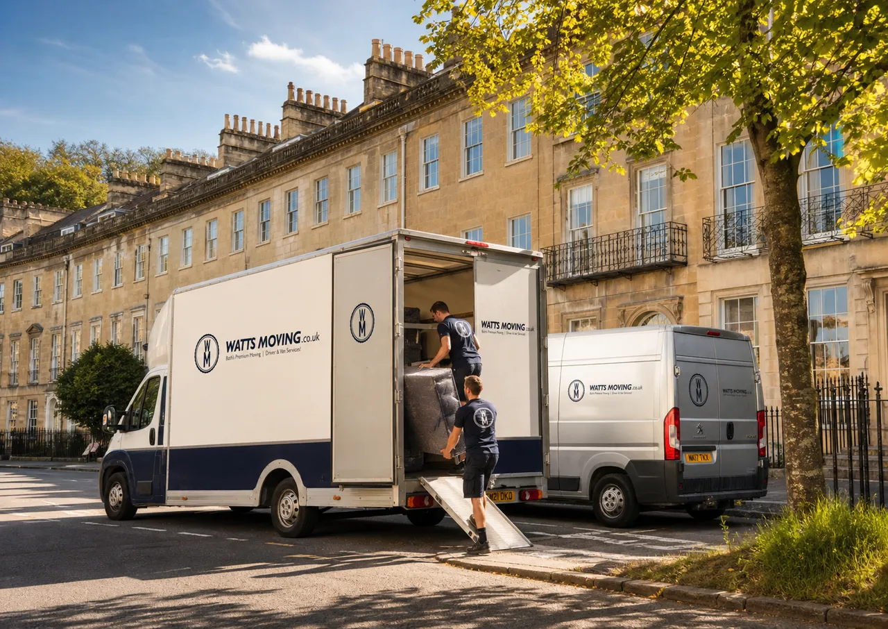 Watts Moving crew loading furniture into a removal van on a Georgian crescent in Bath